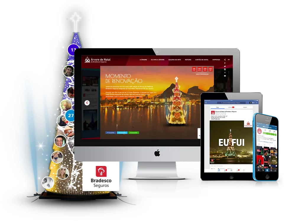 Site da Árvore de Natal da Bradesco Seguros em iMac, iPad e iPhone, ao lado da árvore iluminada.