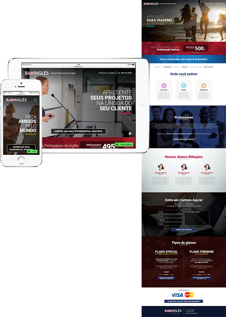 Site da B.Inglês exibido em iPhone, iPad e na página completa para desktop.